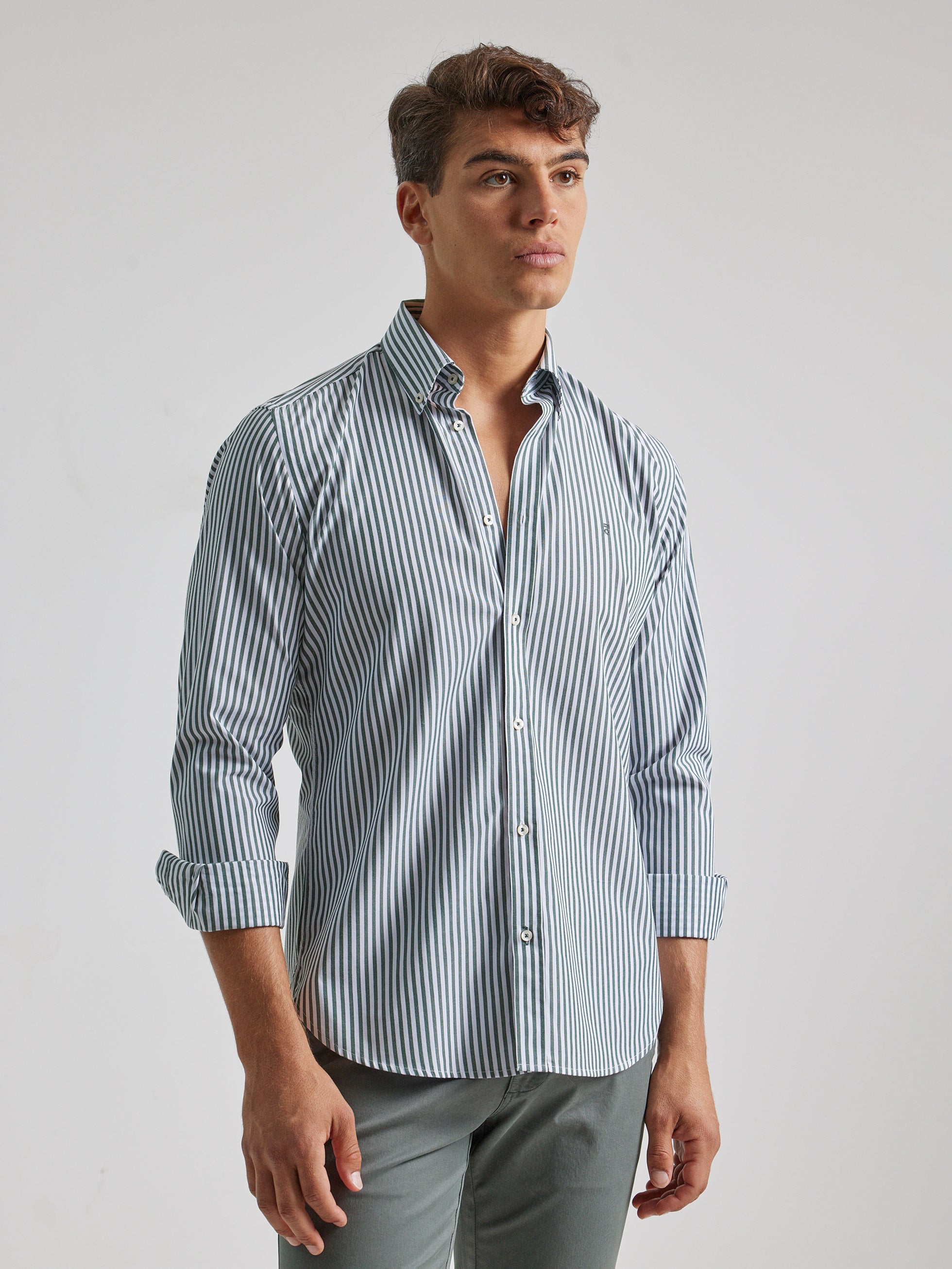 GREEN STRIPED POPLIN CASUAL SHIRT