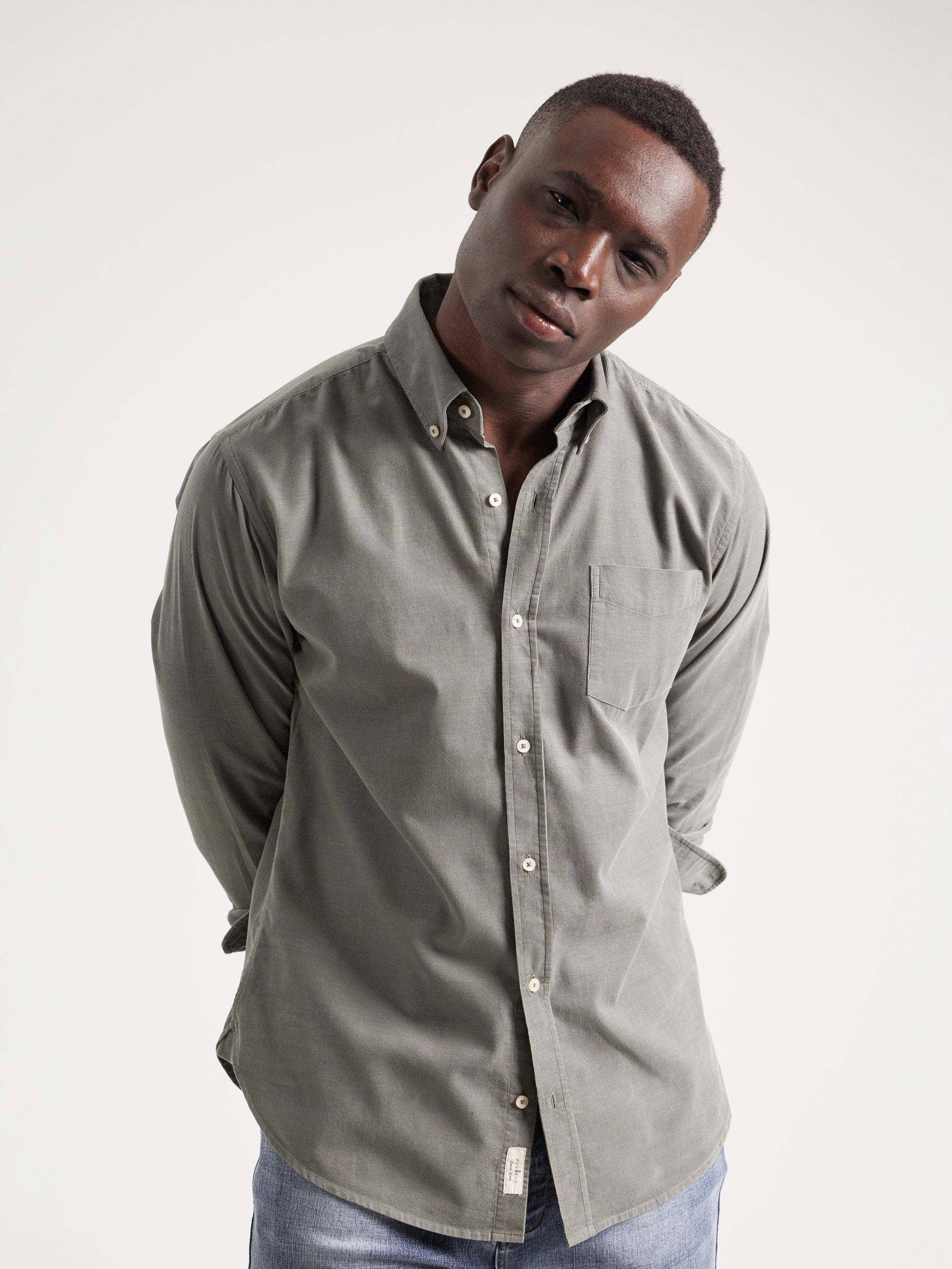 LICHEN GREEN MICRO CORDUROY CASUAL SHIRT