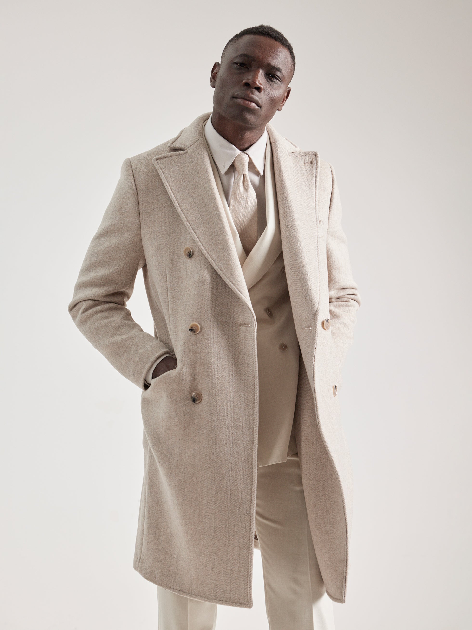 IVORY HERRINGBONE DOUBLE-BREASTED COAT