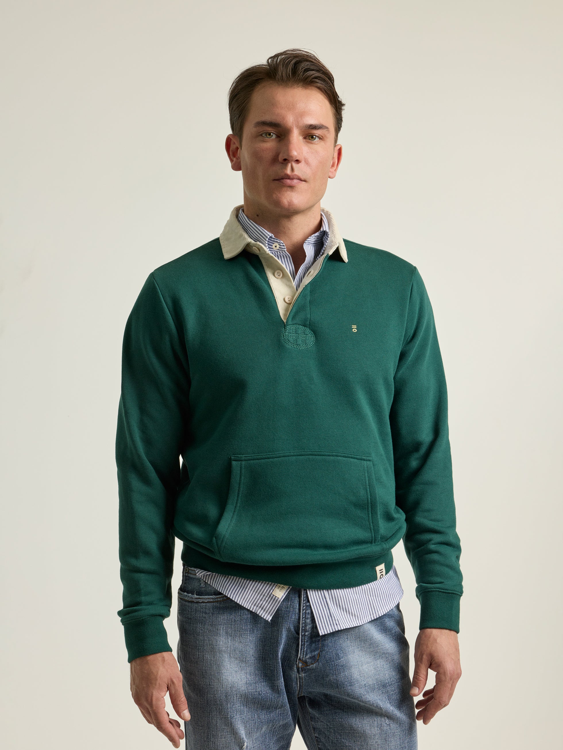 GREEN CONTRAST POLO NECK SWEATSHIRT