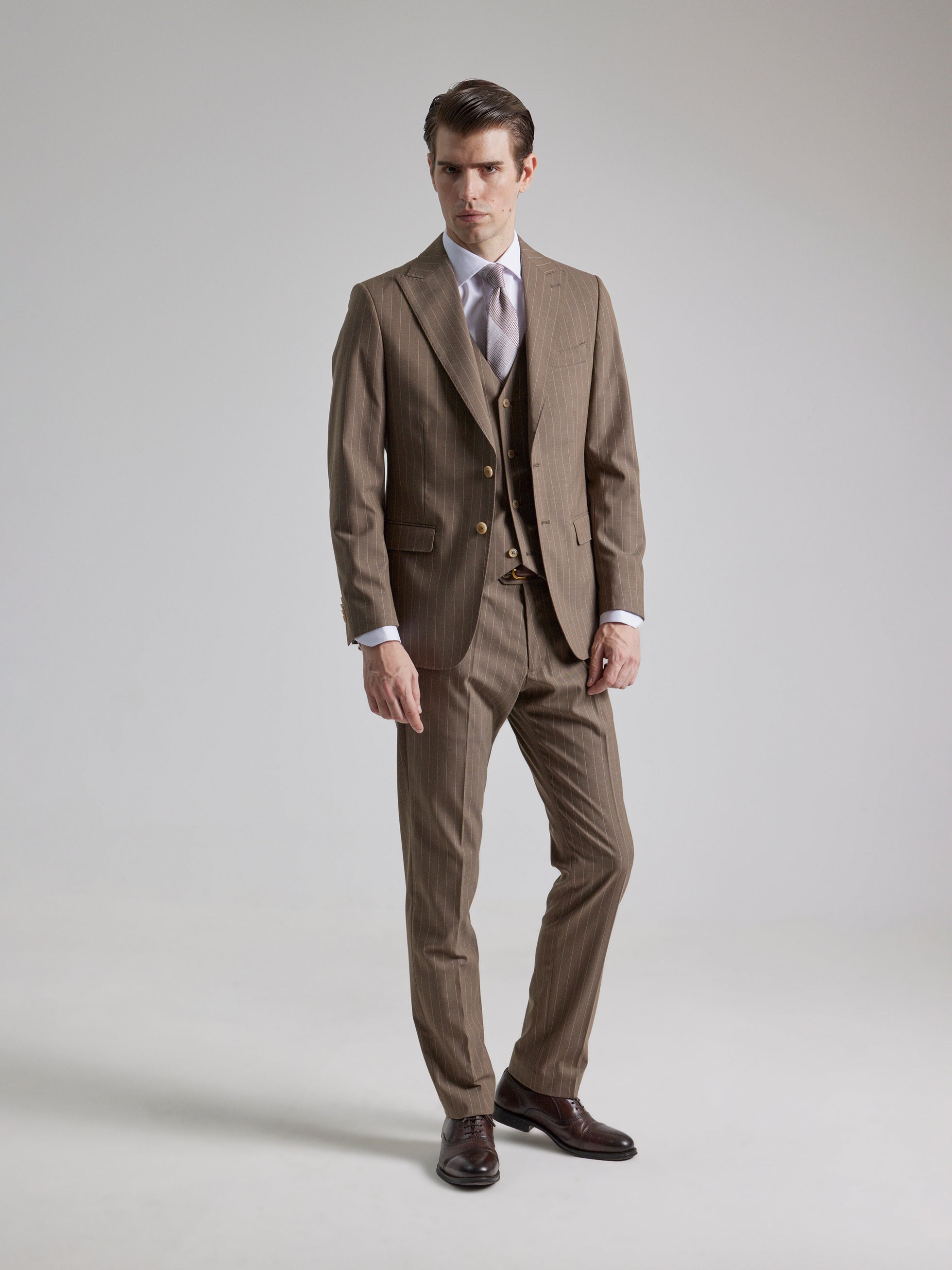 BROWN PINSTRIPE THREE-PIECE SUIT