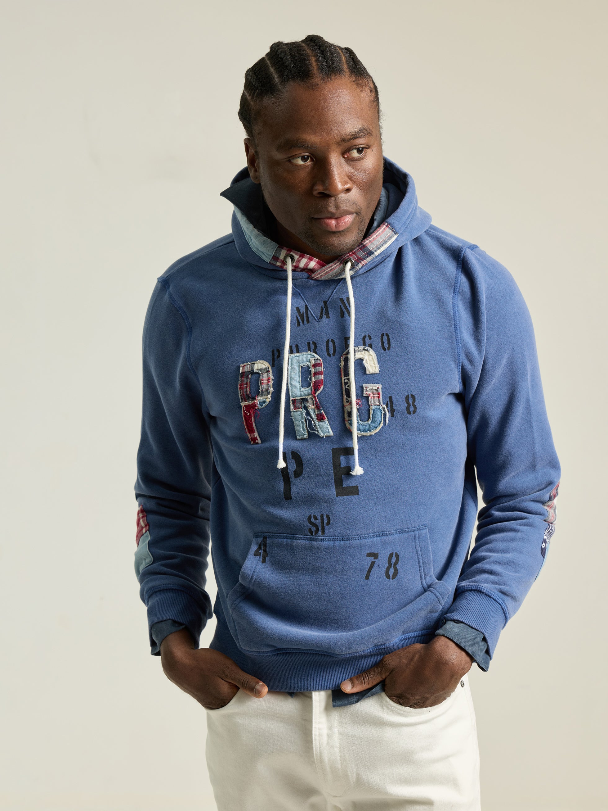 BLUE HOODED PATCHWORK SWEATSHIRT