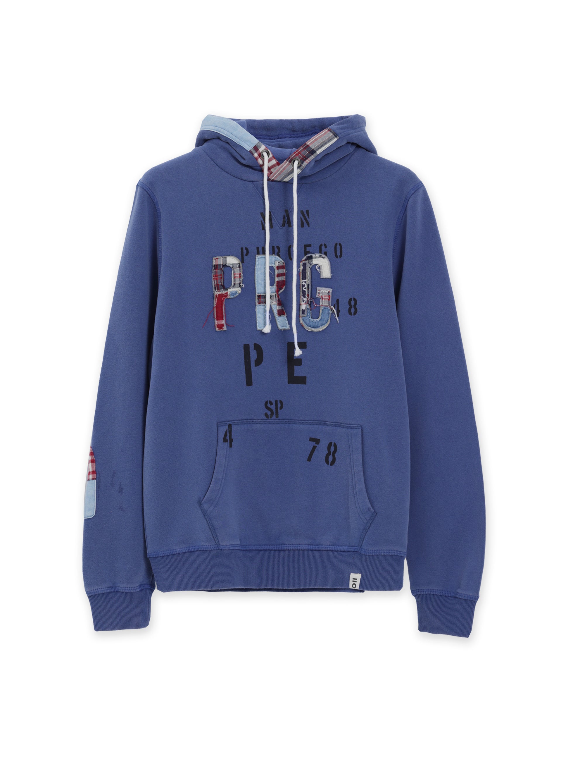 BLUE HOODED PATCHWORK SWEATSHIRT